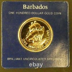 1975 Barbados 100 Dollars BU Brilliant UNC Gold Coin 350th ANNIVERSARY. 500 Fine