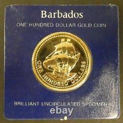 1975 Barbados 100 Dollars BU Brilliant UNC Gold Coin 350th ANNIVERSARY. 500 Fine