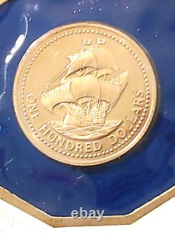 1975 Barbados $100 Gold Proof Ship Coa & Box Sealed Cachet 6.21g 50% Fine