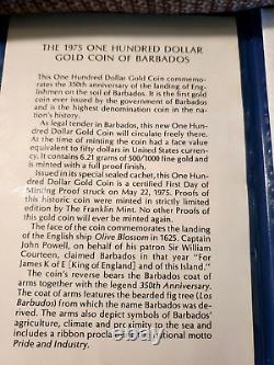 1975 Barbados $100 Gold Proof Ship Coa & Box Sealed Cachet 6.21g 50% Fine