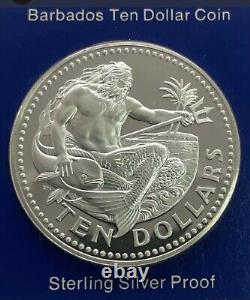 1975 Barbados Large Silver Proof Ten 10 Dollar Rare Neptune God Of The Sea Coin