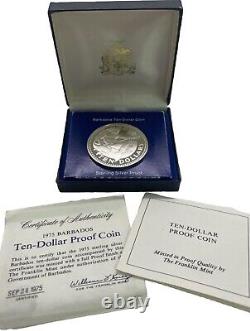 1975 Barbados Large Silver Proof Ten 10 Dollar Rare Neptune God Of The Sea Coin