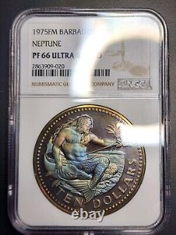 1975-FM Barbados Neptune Silver Proof $10 NGC PF66 UCAM Monster Toner