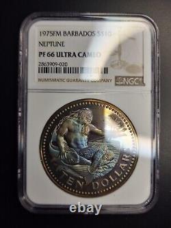 1975-FM Barbados Neptune Silver Proof $10 NGC PF66 UCAM Monster Toner