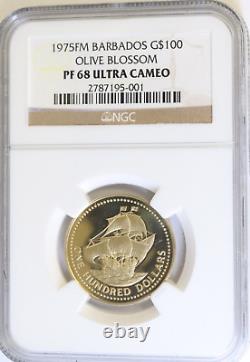 1975 Fm Gold Barbados Ngc Pf 68 Ultra Cameo G$100 Olive Blossom Proof