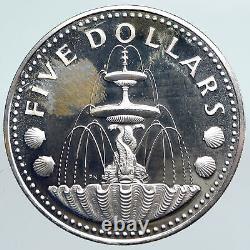 1976 BARBADOS Trafalgar Fountain Arms VINTAGE PROOF Silver 5 Dollars Coin i89970