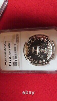 1977 Silver Gem Proof Barbados $5 Dollar Fountain 31.1 Grams Coin NGC PF 68 UC