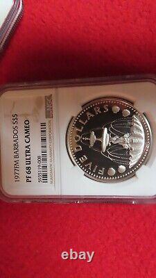 1977 Silver Gem Proof Barbados $5 Dollar Fountain 31.1 Grams Coin NGC PF 68 UC