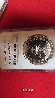 1977 Silver Gem Proof Barbados $5 Dollar Fountain 31.1 Grams Coin NGC PF 68 UC