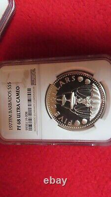 1977 Silver Gem Proof Barbados $5 Dollar Fountain 31.1 Grams Coin NGC PF 68 UC