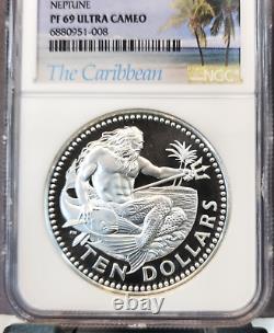 1978 Barbados Silver 10 Dollars Neptune Ngc Pf 69 Ultra Cameo Scarce Top Pop