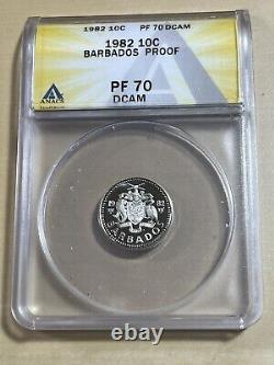 1982 Barbados 10 Cents Proof Graded PR70DCAM by ANACS Very Low Mintage