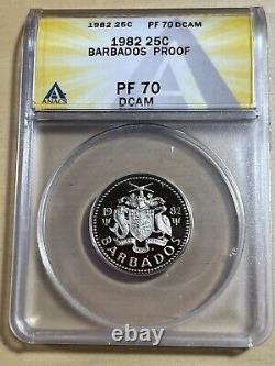 1982 Barbados 25 Cents Proof Graded PR70DCAM by ANACS Very Low Mintage