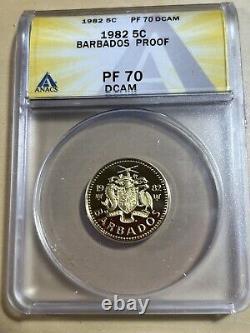 1982 Barbados 5 Cents Proof Graded PR70DCAM by ANACS Very Low Mintage