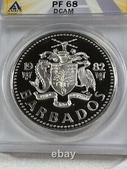 1982 Barbados $5 Silver Proof Graded PR 68 DCAM by ANACS Low Mintage