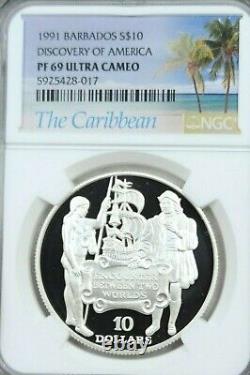 1991 Barbados Silver 10 Dollars Discovery Of America Ngc Pf 69 Ultra Cameo Top