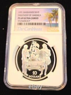 1991 Barbados Silver 10 Dollars Discovery Of America Ngc Pf 69 Ultra Cameo Top