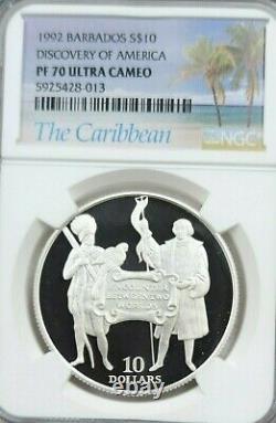 1992 Barbados Silver 10 Dollars Discovery Of America Ngc Pf 70 Ultra Cameo Pop 1