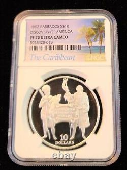 1992 Barbados Silver 10 Dollars Discovery Of America Ngc Pf 70 Ultra Cameo Pop 1