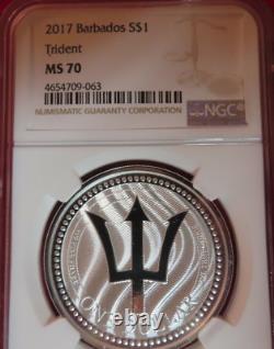 2017 Barbados Neptune's Trident 1oz. 999 Silver Coin NGC MS 70 proof centamerica