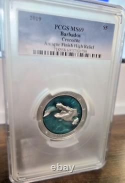 2019 3 oz. 999 Silver Coin $5 CROCODILE UNDER WATERWORLD PCGS MS69 BARBADOS