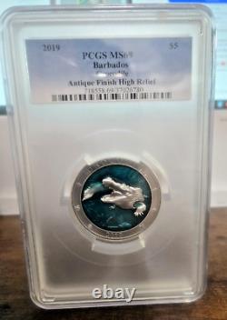 2019 3 oz. 999 Silver Coin $5 CROCODILE UNDER WATERWORLD PCGS MS69 BARBADOS