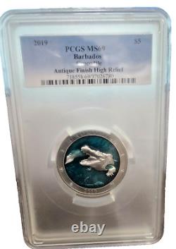 2019 3 oz. 999 Silver Coin $5 CROCODILE UNDER WATERWORLD PCGS MS69 BARBADOS