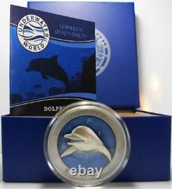 2019 $5 3 Ounce. 999 High Relief & Blue Enamel Antiqued Silver Barbados Dolphin