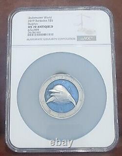 2019 NGC MS 70 BARBADOS 3oz Silver $5 UNERWATER WORLD DOLPHIN #74 Antiqued