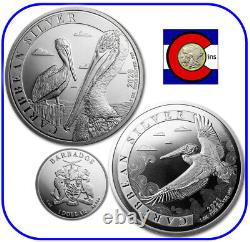 2020 & 2021 Barbados 1 oz $1 Silver Caribbean Pelican BU Two Coins in capsules