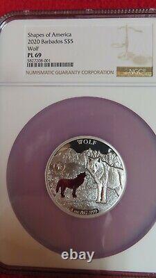 2020 Barbados Shapes America Cut-Out HR 1 oz PR. 999 Silver WOLF NGC PL69 coin