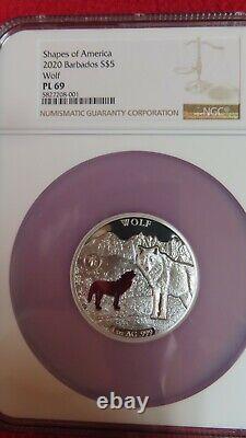 2020 Barbados Shapes America Cut-Out HR 1 oz PR. 999 Silver WOLF NGC PL69 coin