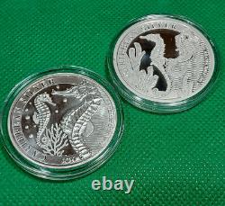 2021, 2022 Barbados $2, Caribbean Silver Seahorses, 1ozt X 2 = 2 OZT. 999 Silver