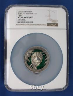 2021 Barbados 3oz Silver $5 coin Colours of Wildlife Tiger NGC MS70 with COA