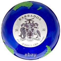 2022 3 oz Silver Blue Marble Green Planet Earth Spherical Coin Barbados. 999