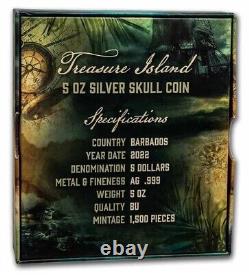 2022 5 Oz Silver $5 Barbados TREASURE ISLAND SKULL Coin