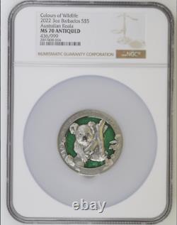 2022 Barbad S$5 Silver 3oz Wildlife Australian Koala NGC MS70 Antiqued