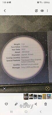 2022 Barbados Blue Marble Green Planet Earth 3 oz Silver $5 BU Coin OGP withCOA