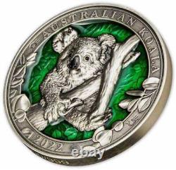 2022 Barbados Colours of Wildlife Australian Koala 3oz Silver Antiqued Coin