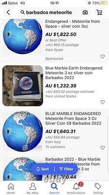 2022 Barbados blue marble meteorite earth ENDANGERED 3oz Silver Coin