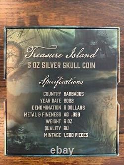 2022 Treasure Island Skull 5 oz Silver Coin Barbados New Free Ship