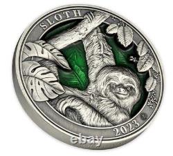 2023 Barbados 3 Ounce Colors of Wildlife Sloth Ultra High Relief Enamel Silver C