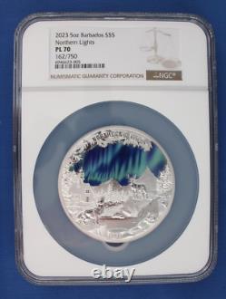 2023 Barbados 5oz Silver Proof $5 coin Northern Lights NGC PL70 with COA