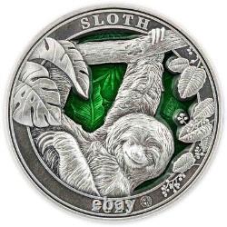 2023 Barbados Colours of Wildlife Sloth 3oz Silver Antiqued Coin Mintage of 999