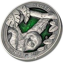 2023 Barbados Colours of Wildlife Sloth 3oz Silver Antiqued Coin Mintage of 999