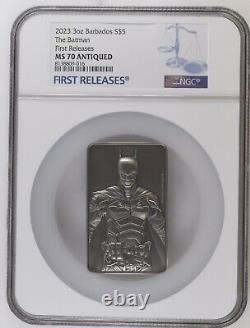 2023 Barbados THE BATMAN Coin UHR Antiqued 3 oz. 999 Silver Bar NGC MS70 FR