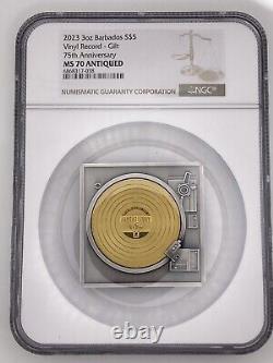 2023 Graded Barbados 3 oz Silver Vinyl Record 75th Anniversary NGC MS70