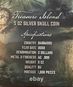 5 oz Silver $5 Treasure Island Skull Coin. 999 MINTAGE 1500 PIECES 2022 Barbados