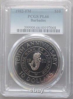 BARBADOS PROOFLIKE 10$ UNC COIN 1982 YEAR KM#34 10th ANNI CENTRAL BANK PCGS PL66