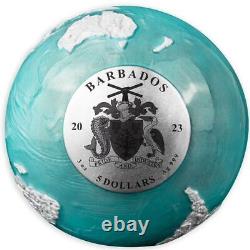 BLUE FROZEN MARBLE Planet Earth Sphere 3 oz Silver Coin 2023 Barbados